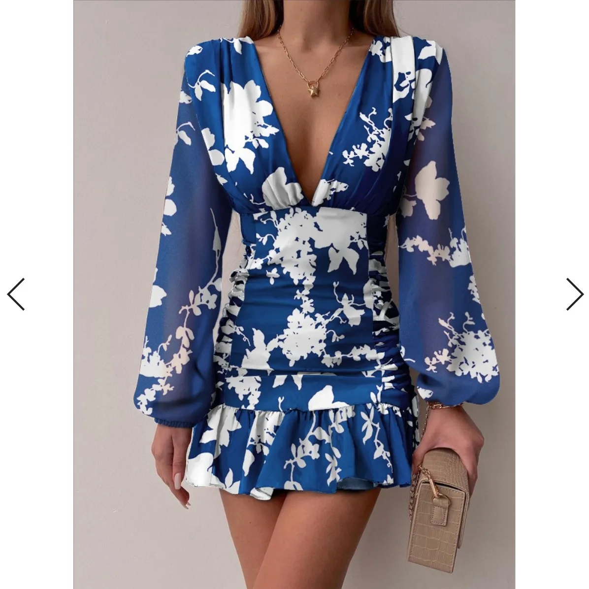 Floral Print Women Sexy Deep V Neck Mini Dress Blue Long Sleeve Party Dress Club Casual Elegant Sheath Lady Slim Dress 2022