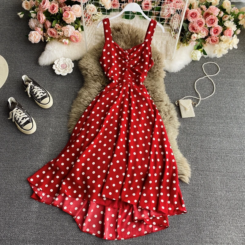 

Женское винтажное платье в горошек, красное платье-трапеция без рукавов, Пляжное длинное шифоновое платье на бретелях, лето 2022