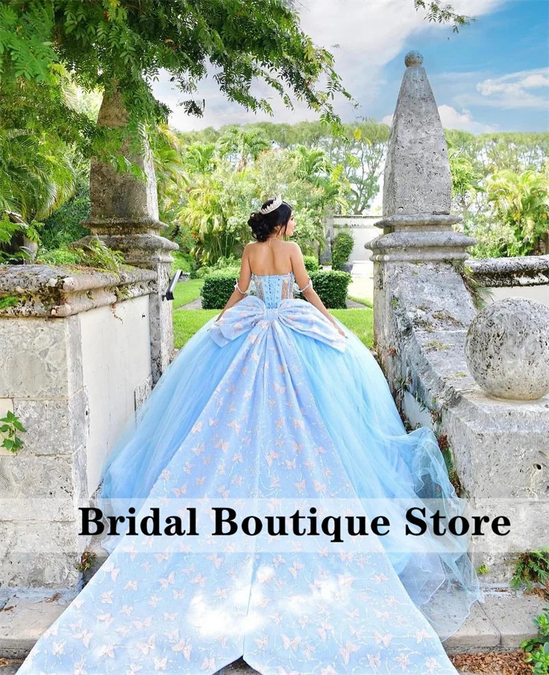 

Sky Blue Butterfly Princess Quinceanera Dress Bow Applique Bead Crystal Birthday Prom Party Sweet 16 Gown Vestidos De 15 Años