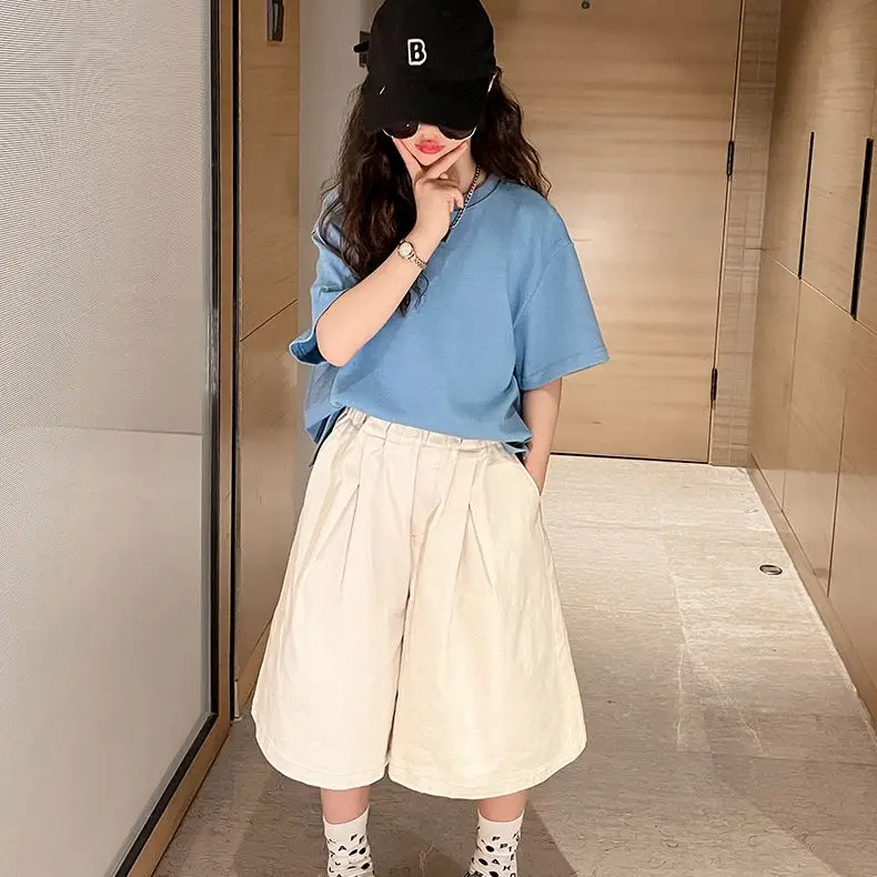 

Комплект одежды для девочек, летний детский спортивный костюм с коротким рукавом, Детская футболка + широкие штаны, костюмы для девочек, оде...