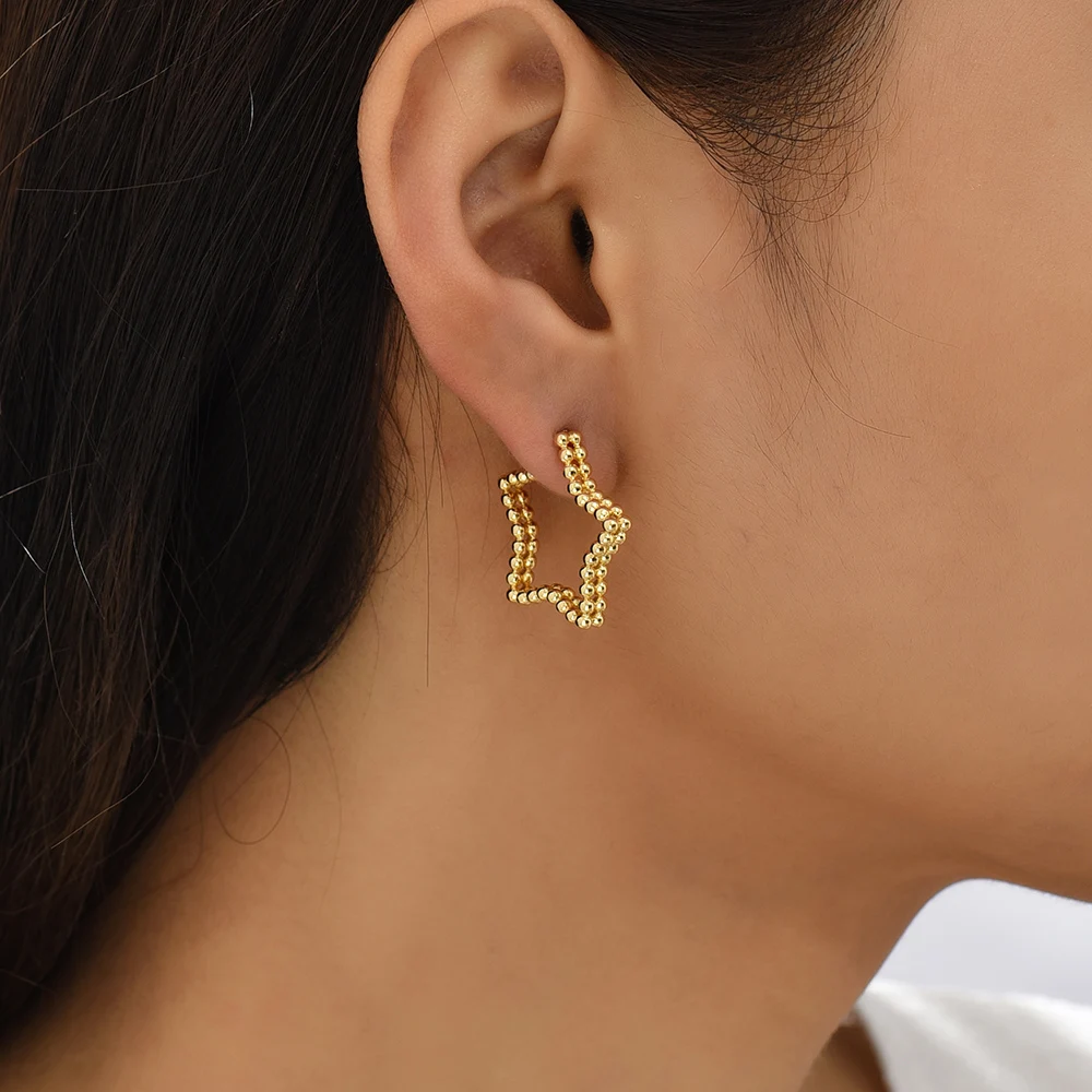 

New Fashion Double Layered Golden Beads Circle Stud Earrings Female Geometric Star Piercing Earrings Jewelry for Women