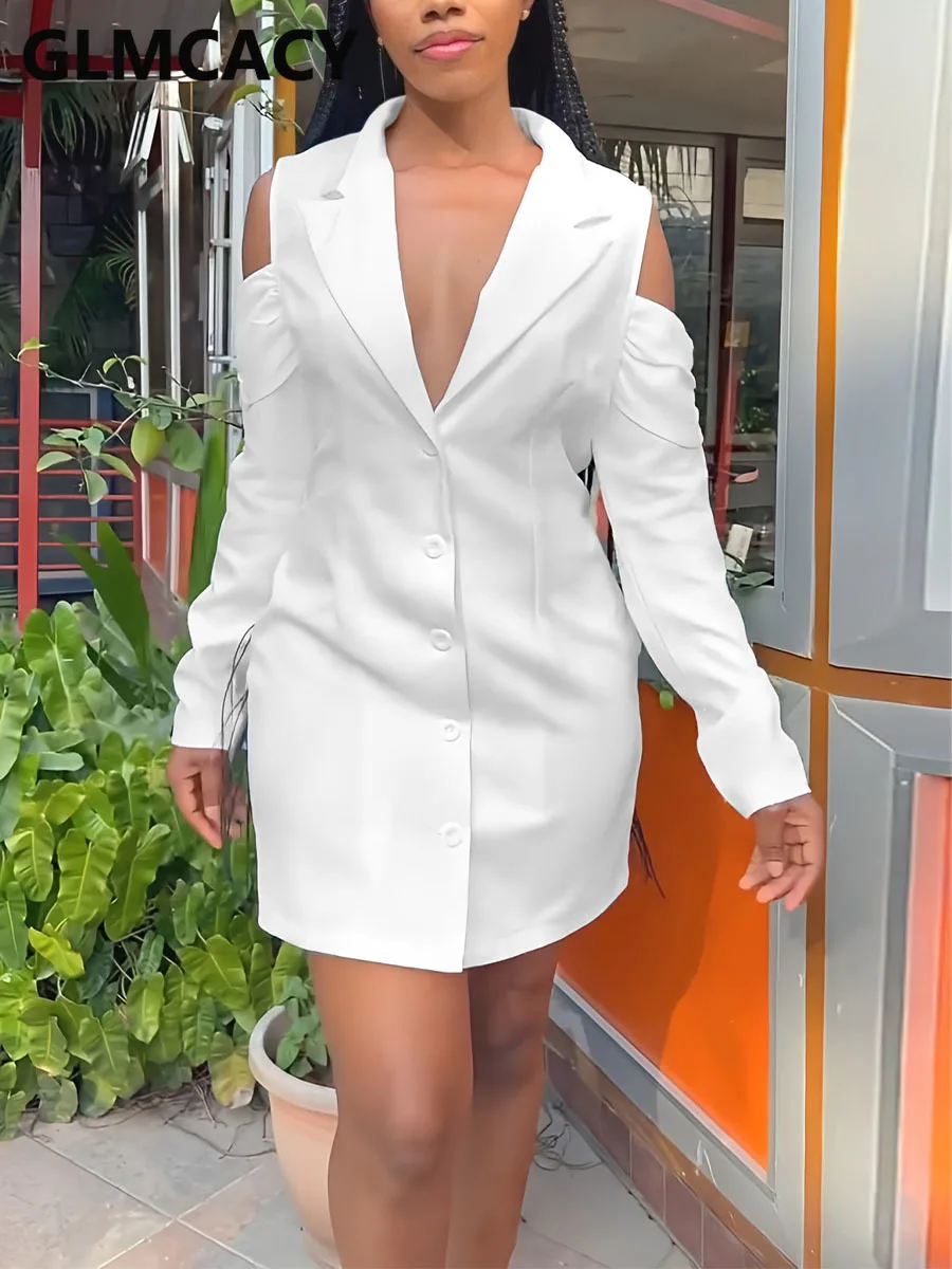 

Женское платье-блейзер с длинным рукавом и открытыми плечами на пуговицах, элегантное мини-платье
