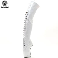 18cm7 extreme high heel lace up patent leather ballet boots unisex hoof heelless sexy fetish thigh over the knee boots