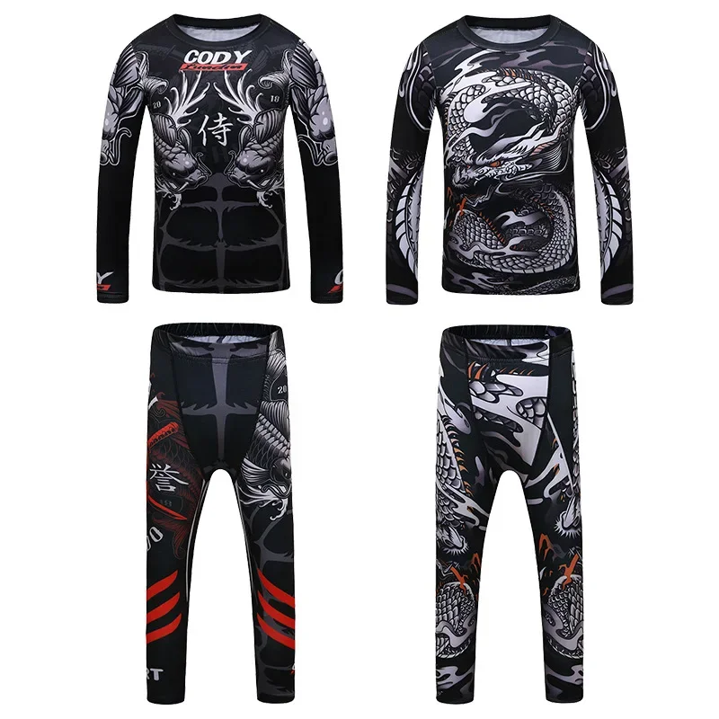 Kid's MMA Boxing Rashguard Running Shirt Pants Set Boys Training Muay Thai Jiu Jitsu Gym Clothing Children Kickboxing Sport Suit