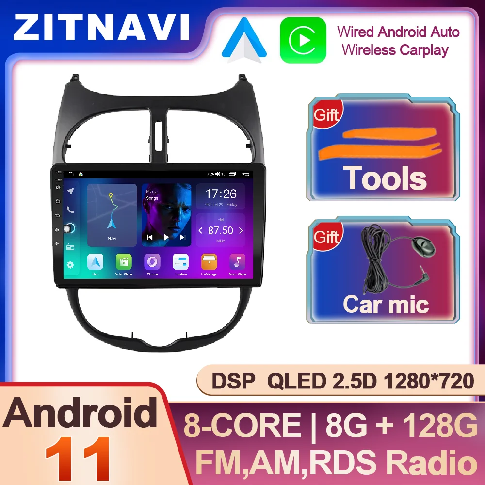 

Car radio For Peugeot 206 2001 - 2008 Multimedia Player 4G LTE WIFI Android 11 RDS DSP GPS Navigation Player DSP QLED Bluetooth
