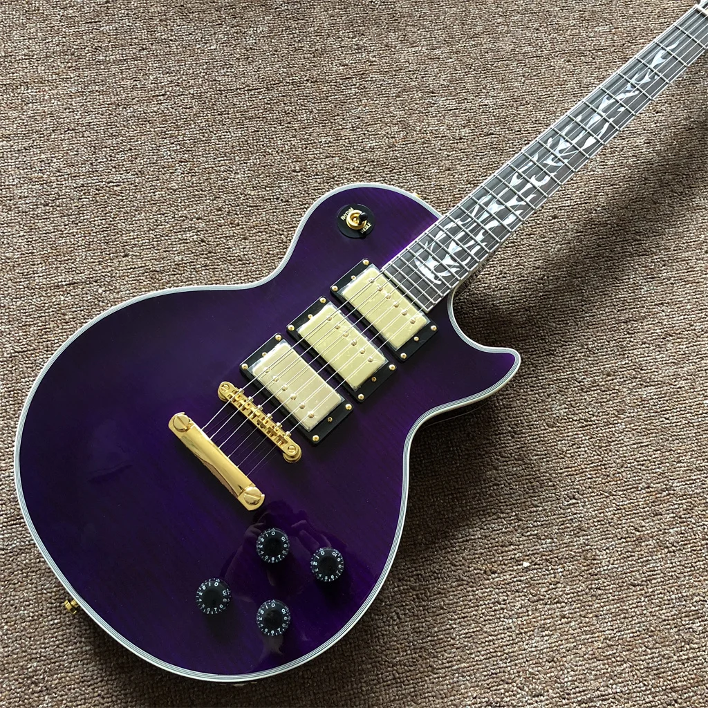

Новая пользовательская фиолетовая электрическая гитара, 3 пикапа, палисандр, инкрустация в виде пламени, гитара, электрогитара золотого цвета, металлическая гитара
