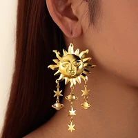 new fashion creative golden sun star tassel earrings personality wild smiley face planet pendant jewelry earrings