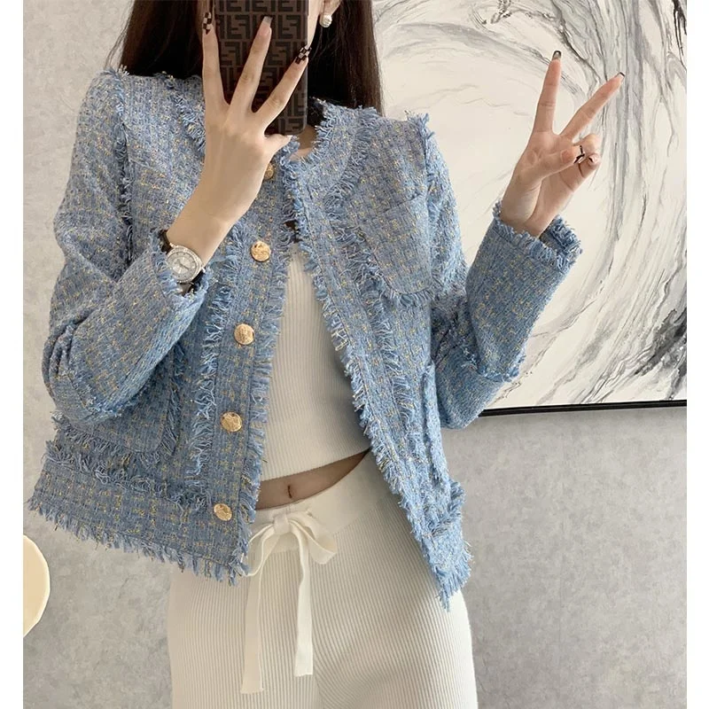 

2023 Korean Blue Tweed Jacket Autumn Winter Womens Jacket Coat Classic Ladies Tassel Braided Woolen Outwear Thick C