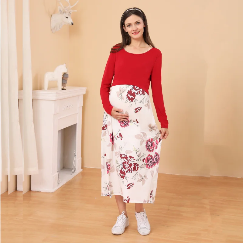 YUQIKL Women Maternity Dresses Elegance Fashion Cotton Floral Print Patchwork Long Sleeves Nursing Breastfeeding Clothes