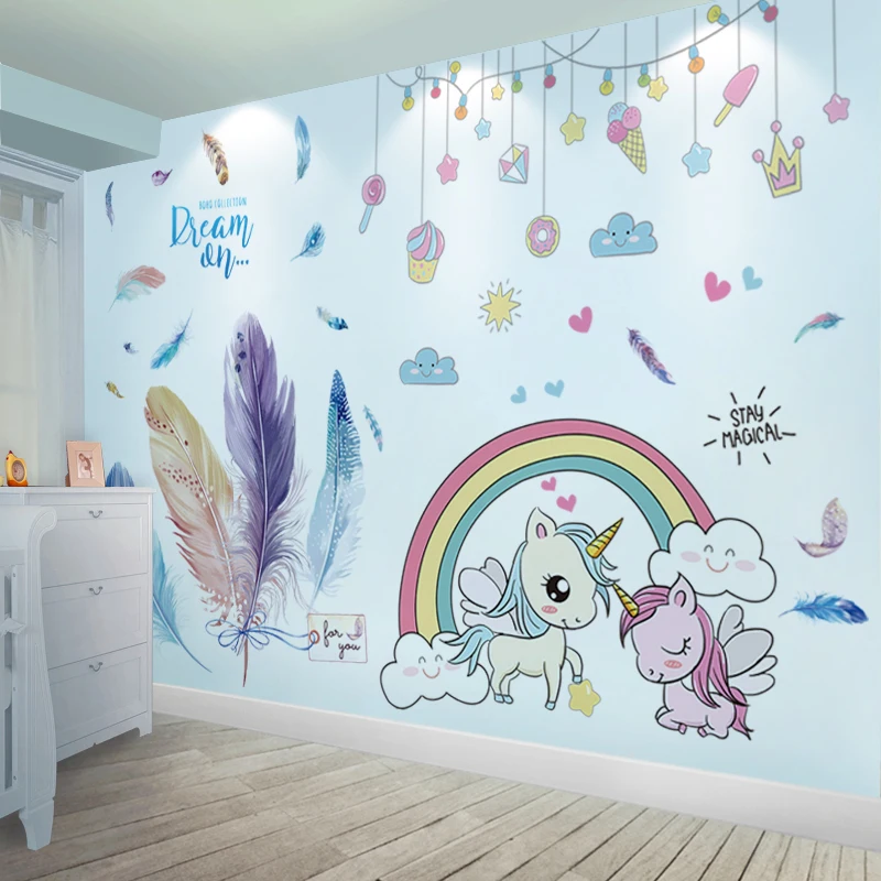 

Cartoon Unicorn Animals Wall Stickers DIY Colorful Feathers Wall Decals for House Kids Rooms Bedroom Children Nursery Decoration