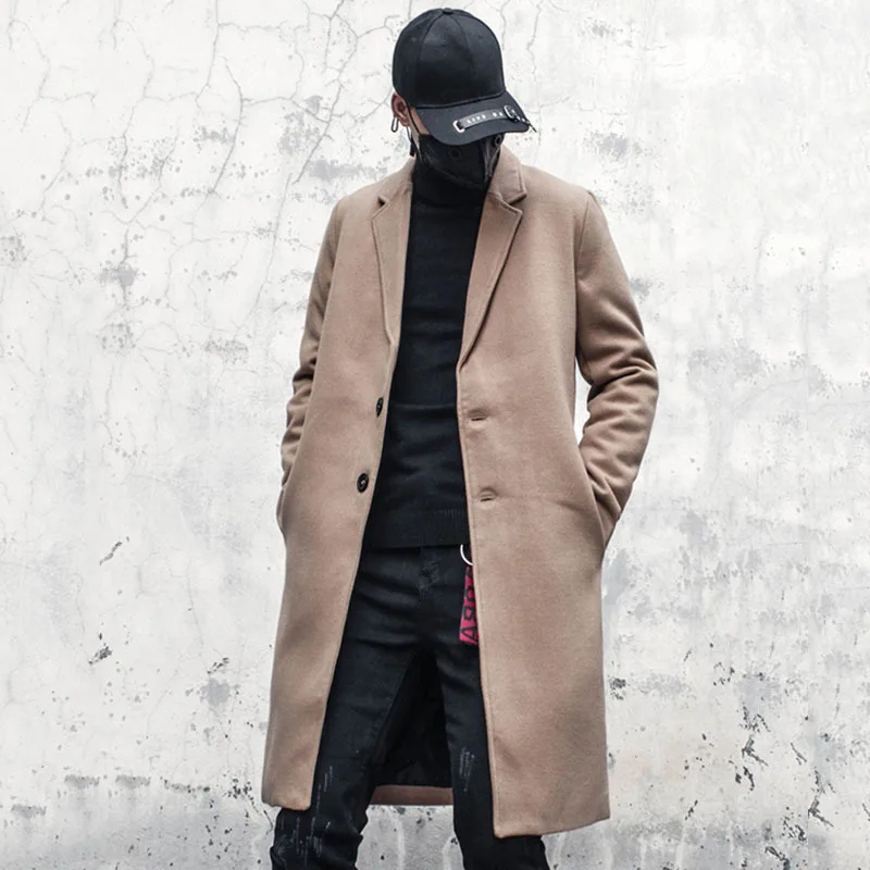 Мужское шерстяное пальто до колен PFNW черное однобортное утепленное с