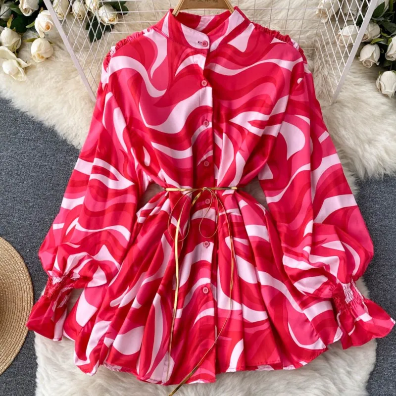 

Fashion New Women Print Casual Elegant Blouses Long Sleeve Vintage Boho Birthday Shirts with Belted Female Outerwear Tops