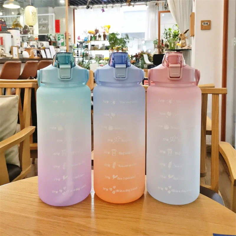 

Портативная пластиковая чашка большой емкости, 2000 мл, Спортивная матовая соломенная чашка для фитнеса со шкалой, уличный двухцветный чайник, бутылка для воды