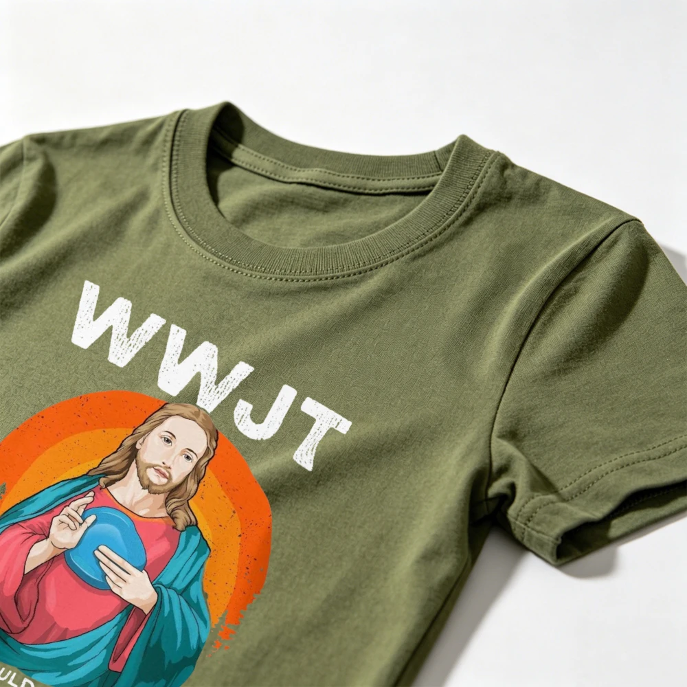 Фото WWJT WHAT WOULD JESUS THROW Мужская футболка с графическим принтом, забавная, с изображением диск-гольфа, христианский юмор, ретро, для активного отдыха, повседневная, осенняя, с коротким рукавом. №3