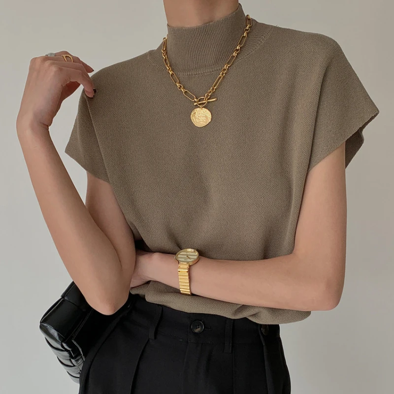 

2022 Fashion New Vest Shirt Solid Stand-up Collar Knitted Vest Short Sleeve Office Lady Loose Elegant Straight Tops All Match