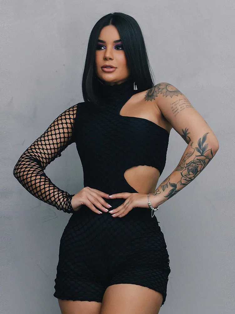 

Женский комбинезон в готическом стиле, черный облегающий комбинезон в стиле панк с высоким воротником и рукавами-сеткой, весна-осень 2022