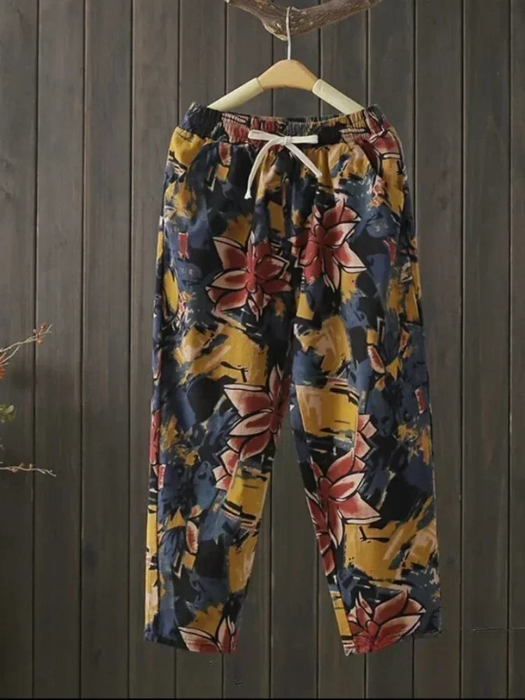 Модные хлопковые льняные шаровары с принтом для женщин лето 2024 повседневные