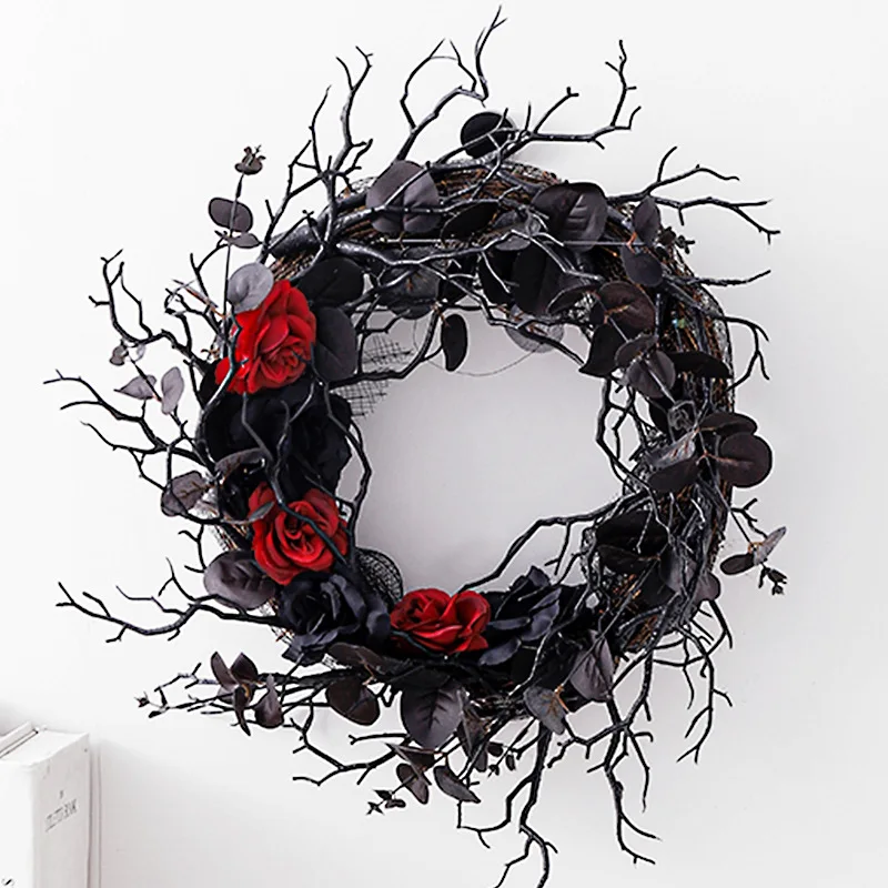 

Гирлянда на Хэллоуин, искусственный цветок, венок из ротанга черной розы, подвесное украшение для входной двери, настенное украшение, украшение для комнаты, 2024