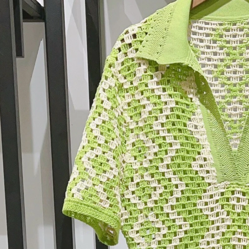 

2023 Summer Lapel Crochet Geometric Pattern Slit Women Dress