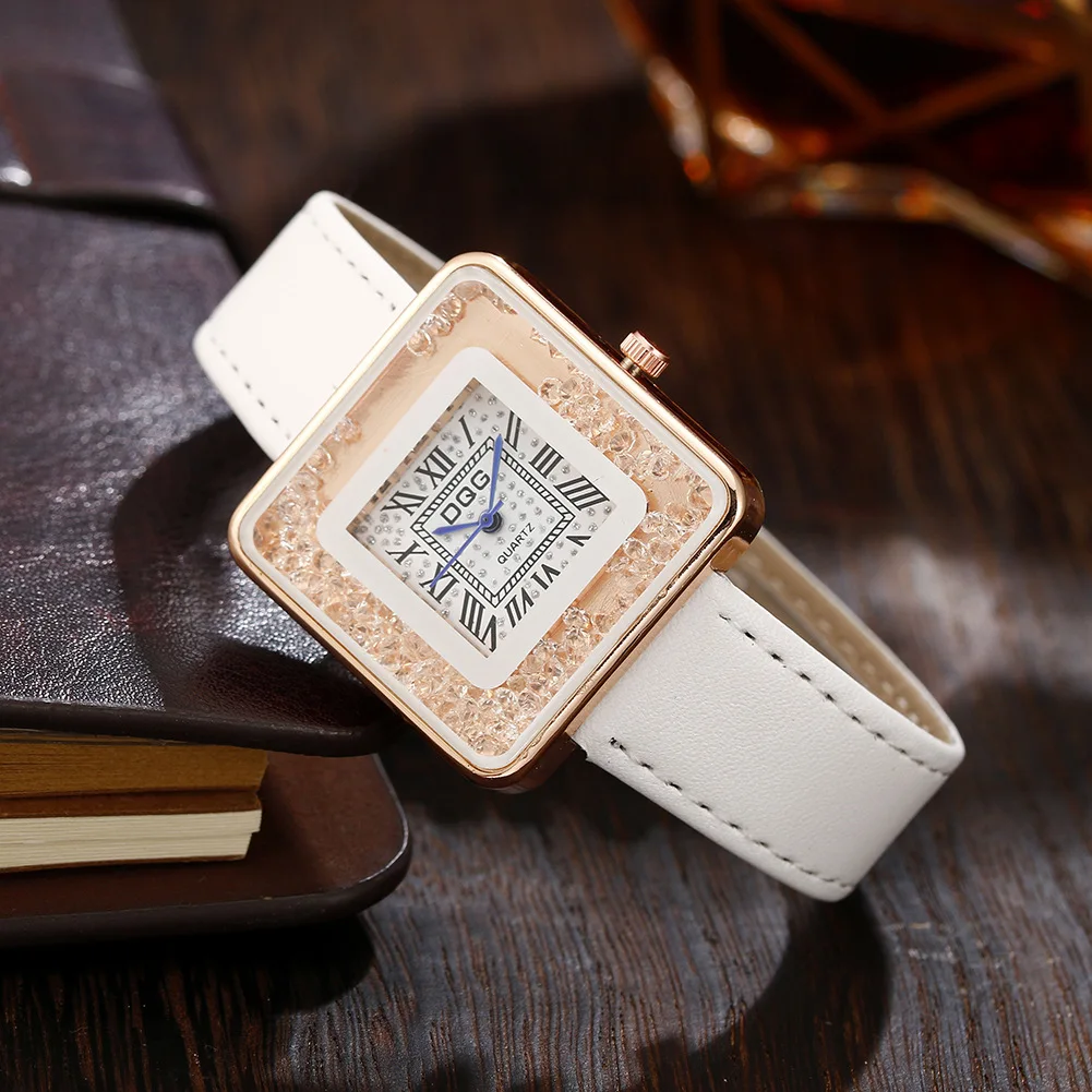 Women Black Watch Fashion Women Quicksand Square Dial Roman Numeral  Watch Casual Leather Band Strap Quartz Wrist Watch Relogio