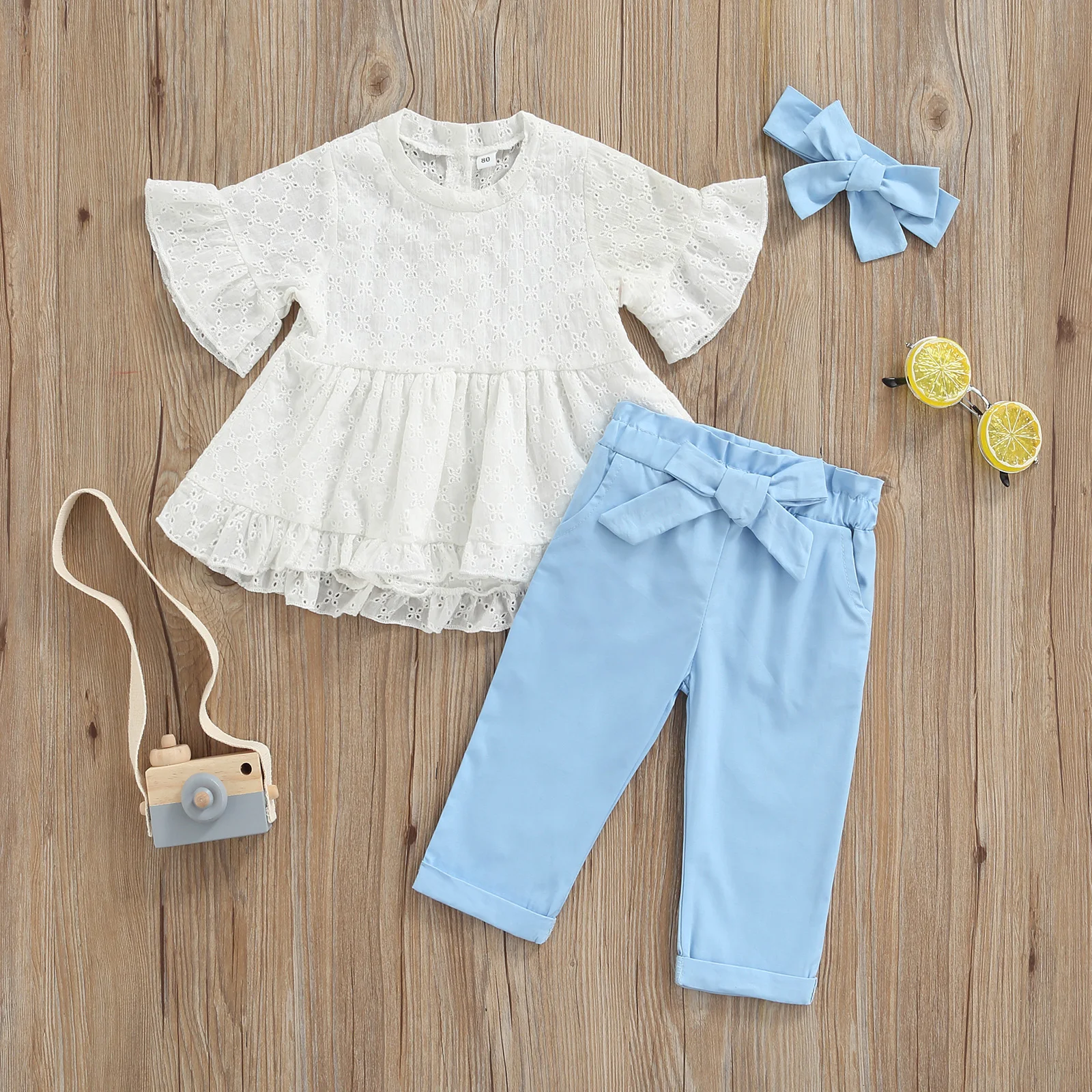 

Комплект одежды для маленьких девочек, кружевная футболка, топ, штаны с бантом, детская одежда, летние костюмы для девочек D35