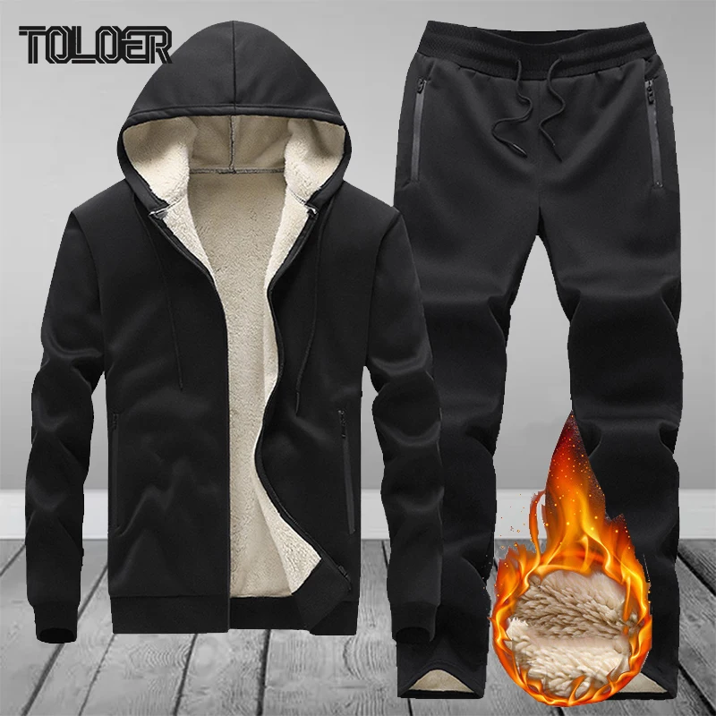 

Thick Men's Sets Winter Outwear Solid Hooded Tracksuit Men Warm Casual Jacket + Sweatpants 2 Pieces Set Sweatsuit Male 4XL 2022