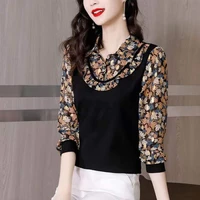 new print stitching loose t shirt fashion fake two piece bottoming shirt leopard print floral plus size top