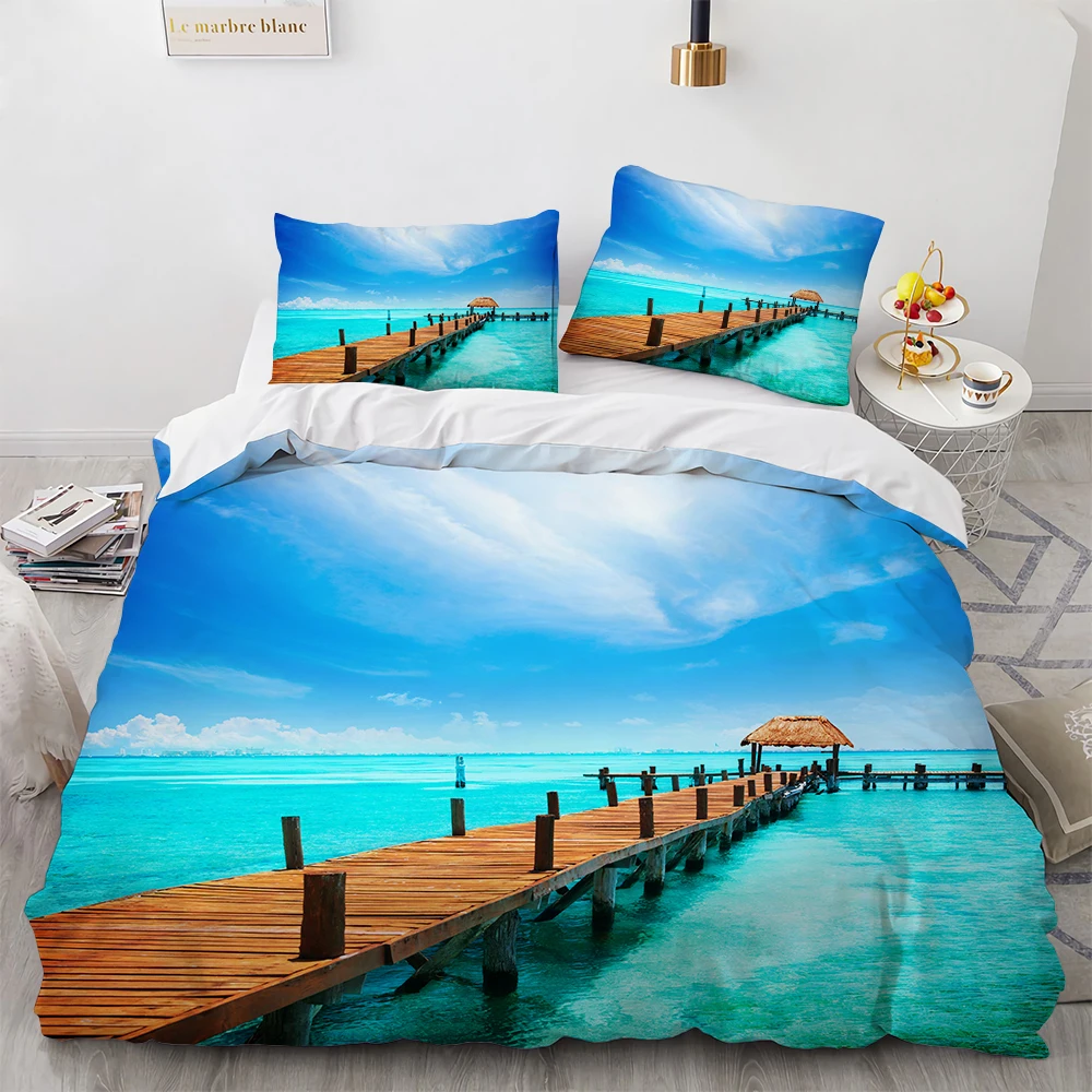 

Tropical Landscape 3D Bedding Set Duvet Cover Tropic Sandy Beach With Horizon At The Sunset And Coconut Palm Trees Summer Photo