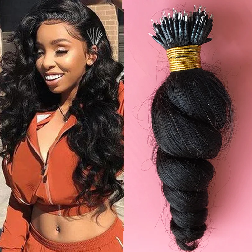 

Remy Nano Ring Links Human Hair Extensions Loose Wave Malaysian Micro Beads Hair 100 Strands 8-30inch