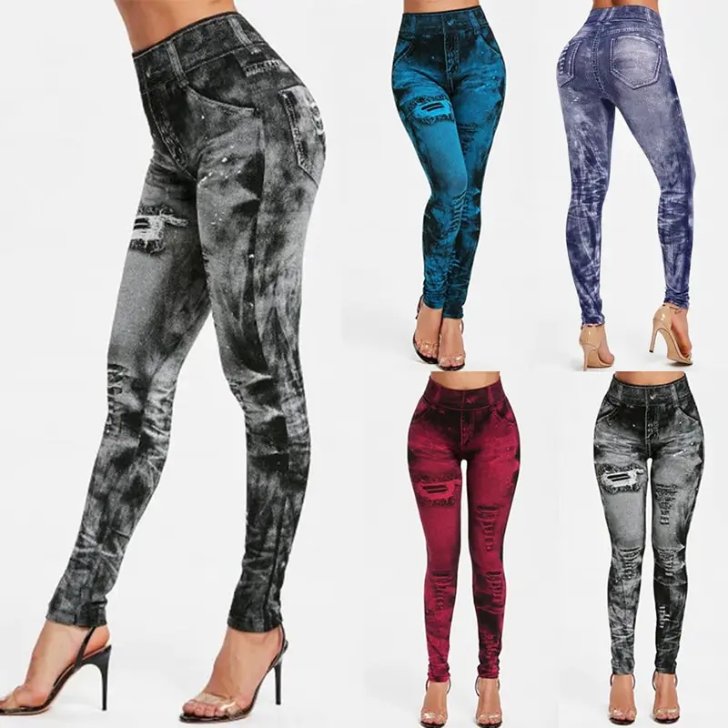 

Len Buck Sexy astic Imitation Jeans Leggings High Waist Pants Fitness Slim Legg Mujer 2022 Sport Push Up Leggings For Women Hot