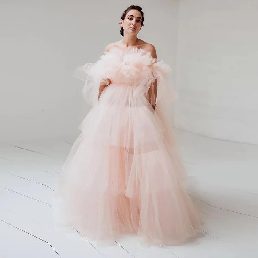 

Fairy Pink Prom Gown Long Strapless Off The Shoulder Evening Party Dress Tiered Puffy Ruffles Vestido De Noche