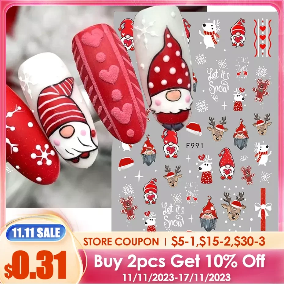 

Winter Red Gonk Nail Art Sticker Christmas Series Cartoon Santa Claus Elk Design Adhesive Slider Snowman 2023 Manicure Foil Tips