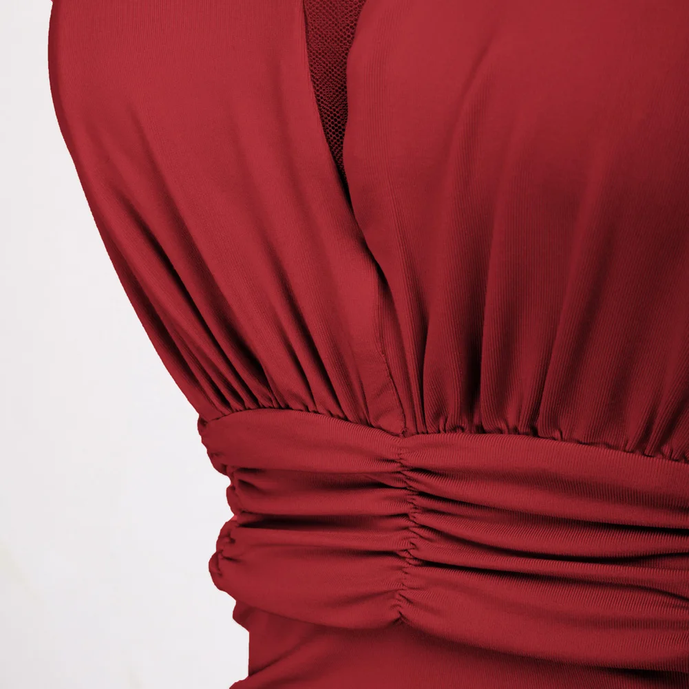 Женское облегающее платье с рюшами без рукавов V-образным вырезом и U-образным