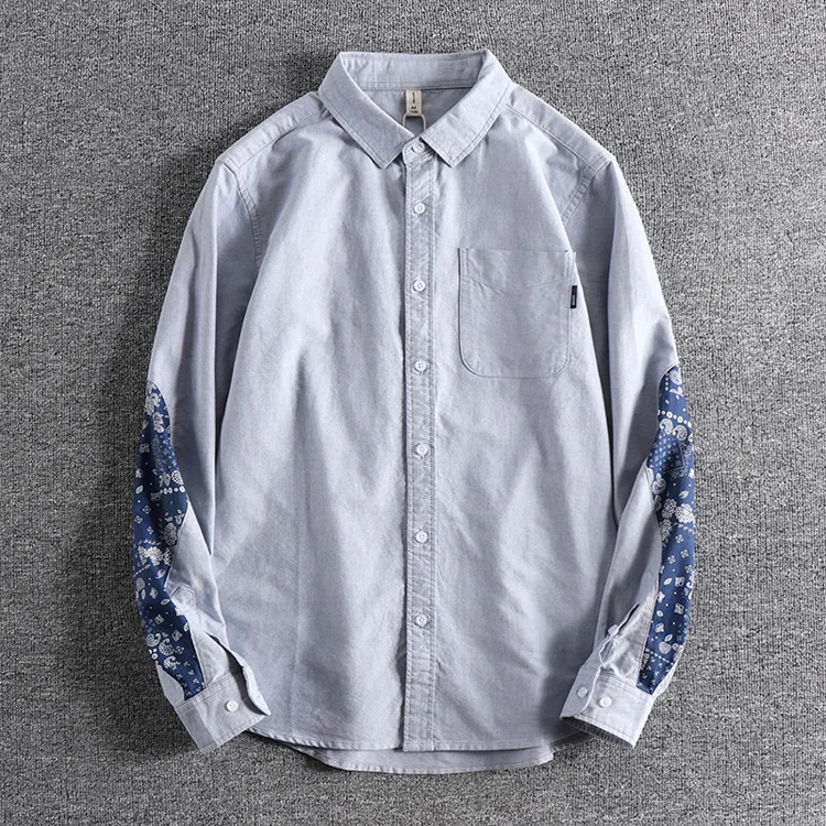 

Fashion Men's Long Sleeve Shirt Cashew Flower Stitching Sleeves Washed Oxford Spinning Men's Casual Top Shirt