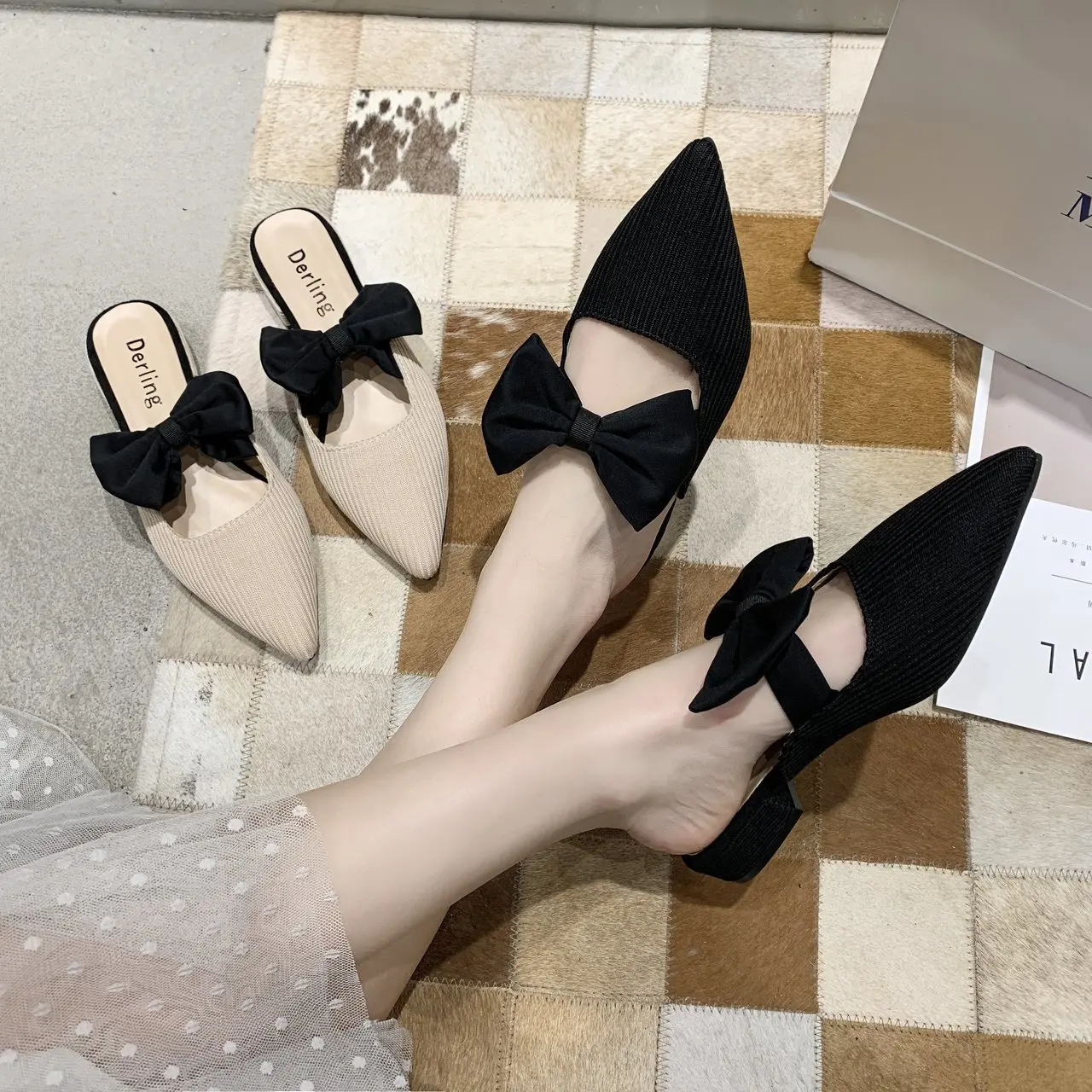 

Slippers Casual Shoes Cover Toe Med Slides Flock Butterfly-Knot Low Loafers Slipers Women Female Mule Luxury Pointed Summer 2022