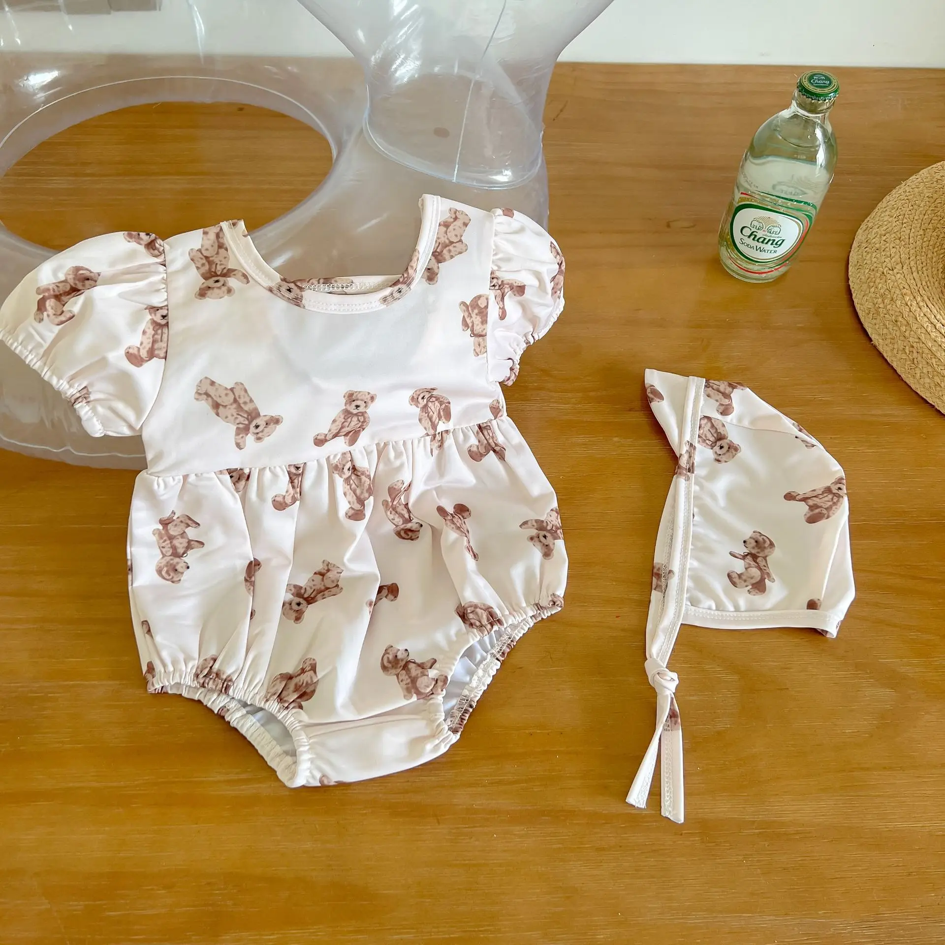 2022 Summer New Baby Girl Swimsuit Puff Sleeve Infant Baby Girls Swimwear Cute Bear Print Bodysuit Children Beach Wear + Hat