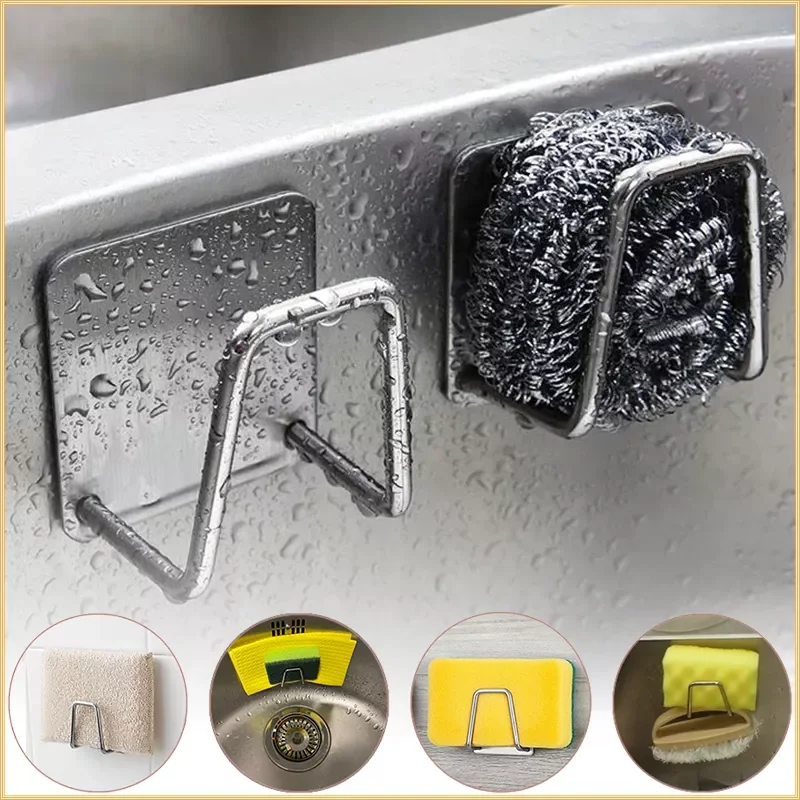 

304 Stainless Steel Sink Sponge Holder Self Adhesive Drainer Drying Rack Kitchen Wall Hooks Accessories Storage Organizer