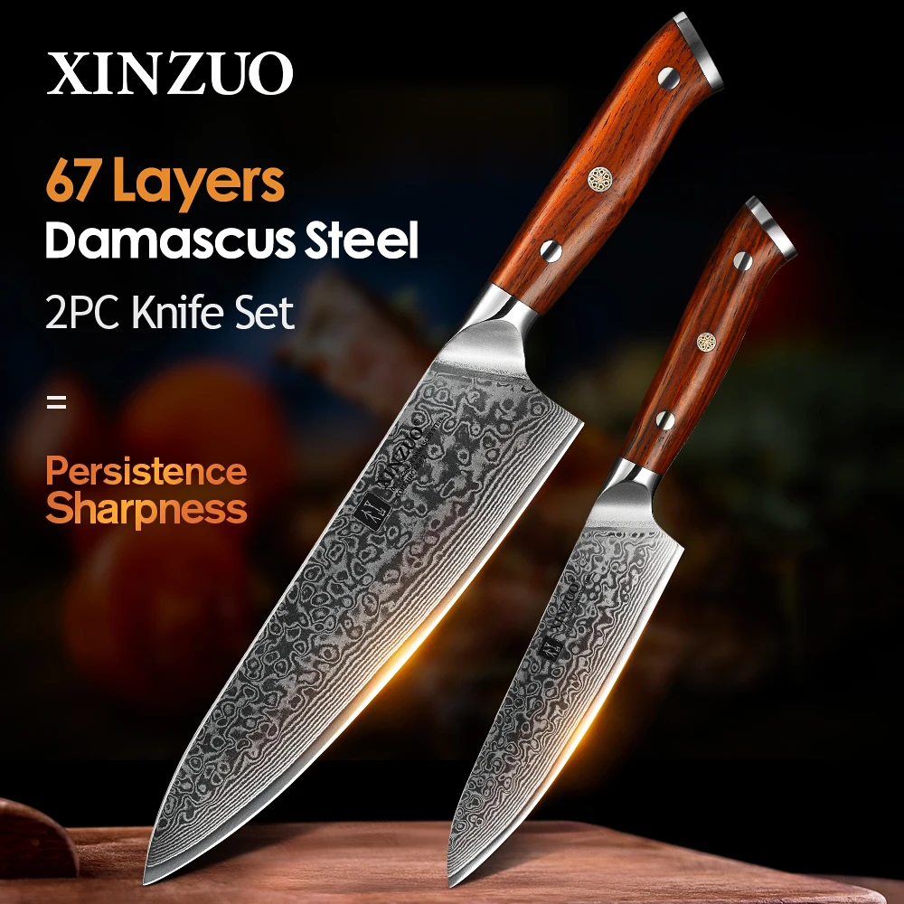 XINZUO-Juego de cuchillos de cocina para Chef, VG10 utensilio de acero damasco, con mango de palisandro, utensilios de cocina de la mejor calidad, 2 piezas