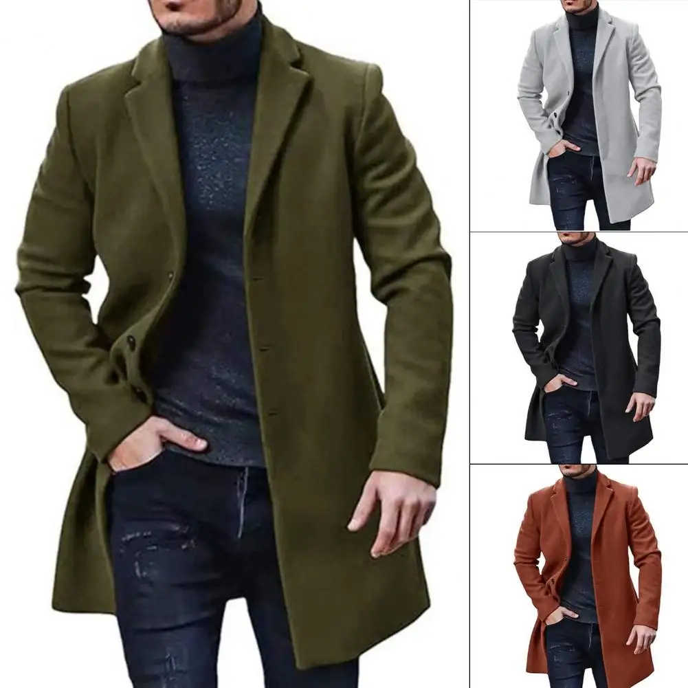

50%HOTAutumn Winter Men Trench Coat Solid Color Single-breasted Long Sleeve Thickened Windpoorf Jacket Streetwear