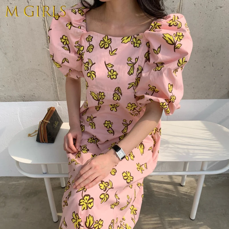 

Женское платье средней длины M GIRLSKimotimo, платье с квадратным вырезом и цветочным принтом в Корейском стиле, элегантное контрастное платье с п...