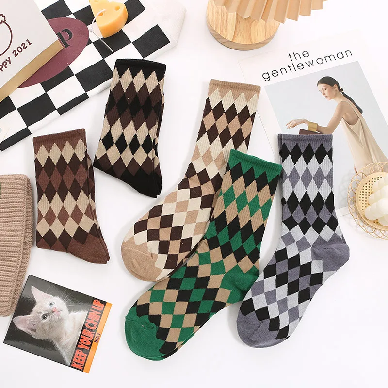 

Носки женские Харадзюку, винтажный стиль колледжа, Ретро стиль, бриллиантовый узор, вязаные кавайные носки, Calcetines Mujer, подарок для девочки, Sox