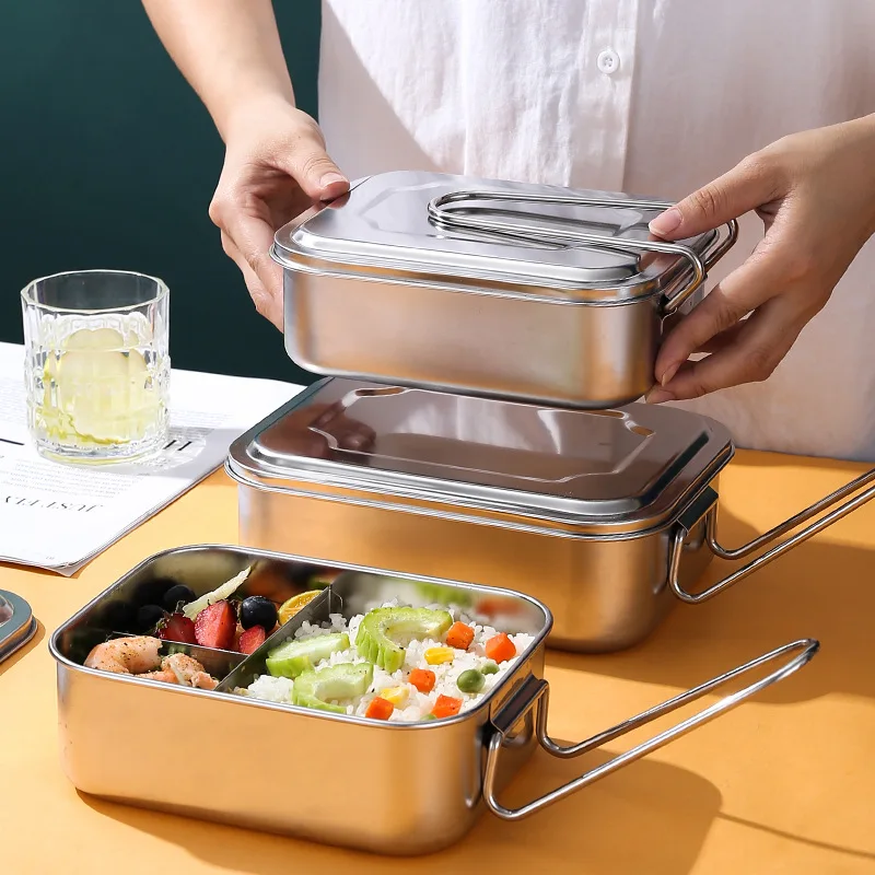 

1/2/3 Grids 304 Stainless Steel Lunch Box with Handle Microwave Oven Heated Food Storage Containers Packde Camping Supplies