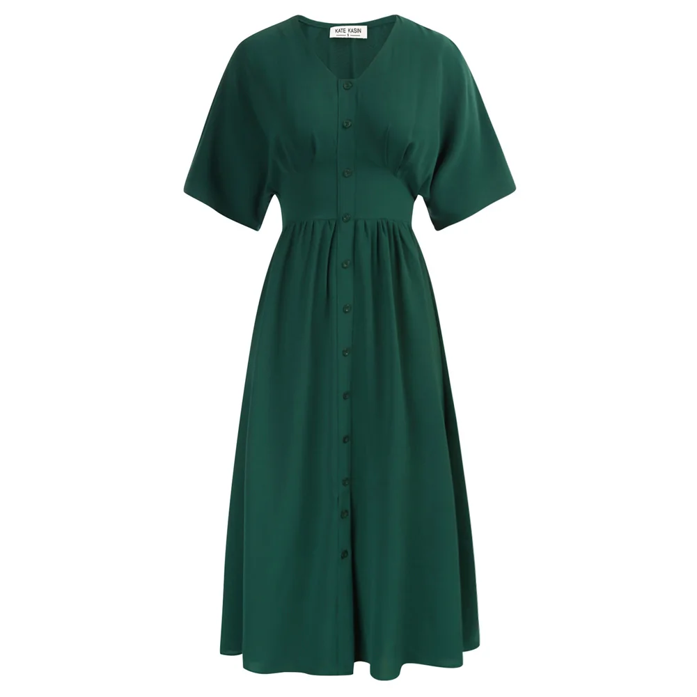 

KK Dress For Women Fashion Smocked Waist Vintage Button Up Short Sleeve Breathable Solid Elegant V-Neck Front Silt A-Line Dress