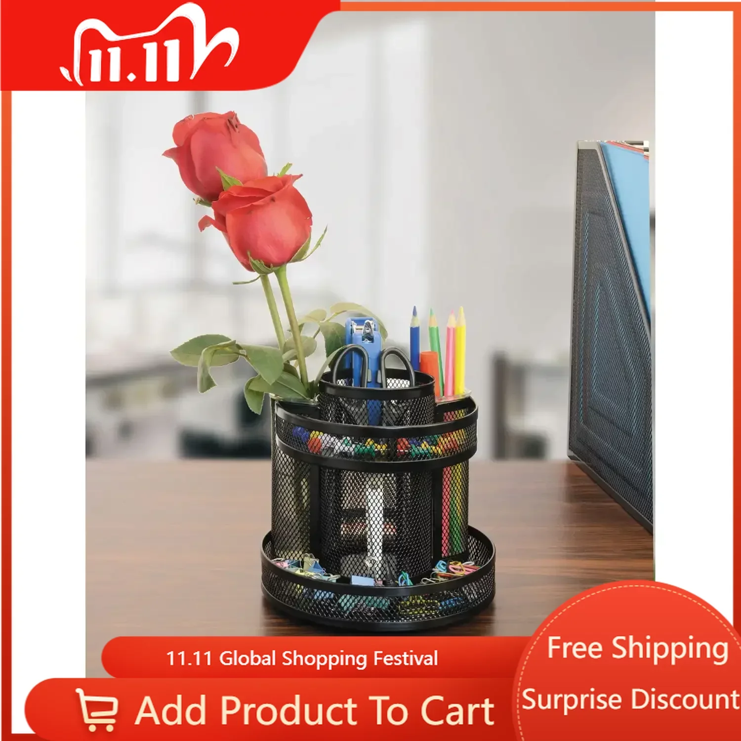 

Free Shipping 6.5 in. x 6.13 in. Rotating Metal Mesh Desktop Organizer - Black