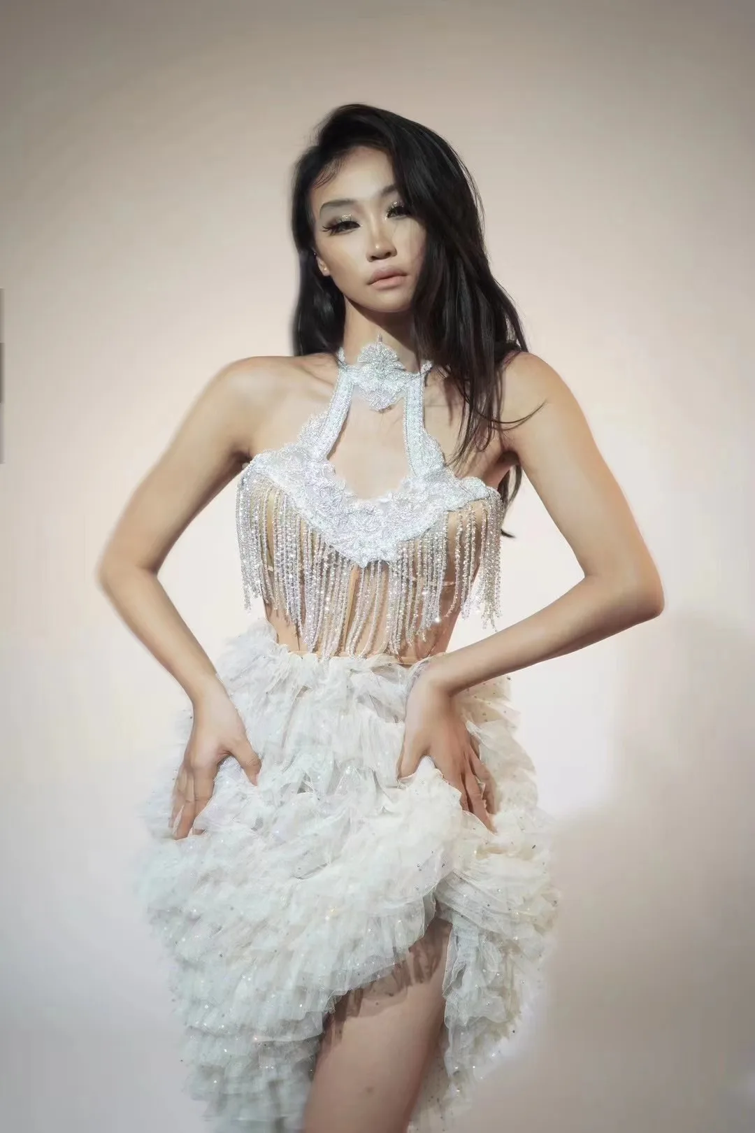 Autumn Halterneck White Tassel Fairy Luxury Tutu Skirt Birthday Party Accessible Dress Electronic Music Festival Female S