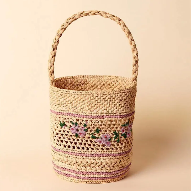 

Raffia straw bag French niche one-shoulder handbag Raffia hand-woven bag Bucket basket bag