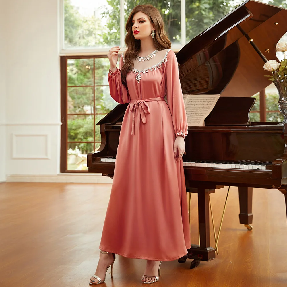 

Eid Turkey Arab Dubai Women's Party Evening Dress Mesh Hollow Nepalese Russian French Long Dress Fashion Diamond Pink Robe
