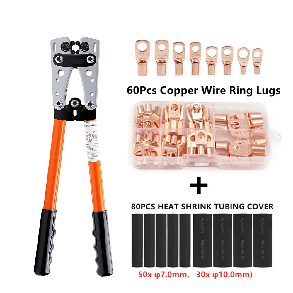 

Wire Crimping Tool, Battery Cable Wire Lug Crimping Tool with AWG 6 4 2 Copper Ring Terminal Connectors and Heat Shrink Tubing