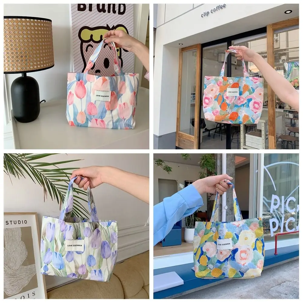 Oil Painting Floral Canvas Tote Bag Vintage Ins Style Tulip Japanese Style Multifunctional Shopping