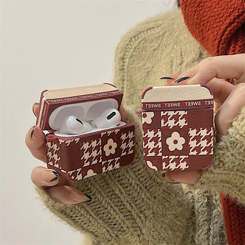 

For AirPods 1 2 3 Pro Earphone Case Cortex Luxurious Skin Friendly Wine Red Houndstooth Lattice Flowers Anti-fall Earphone Shell